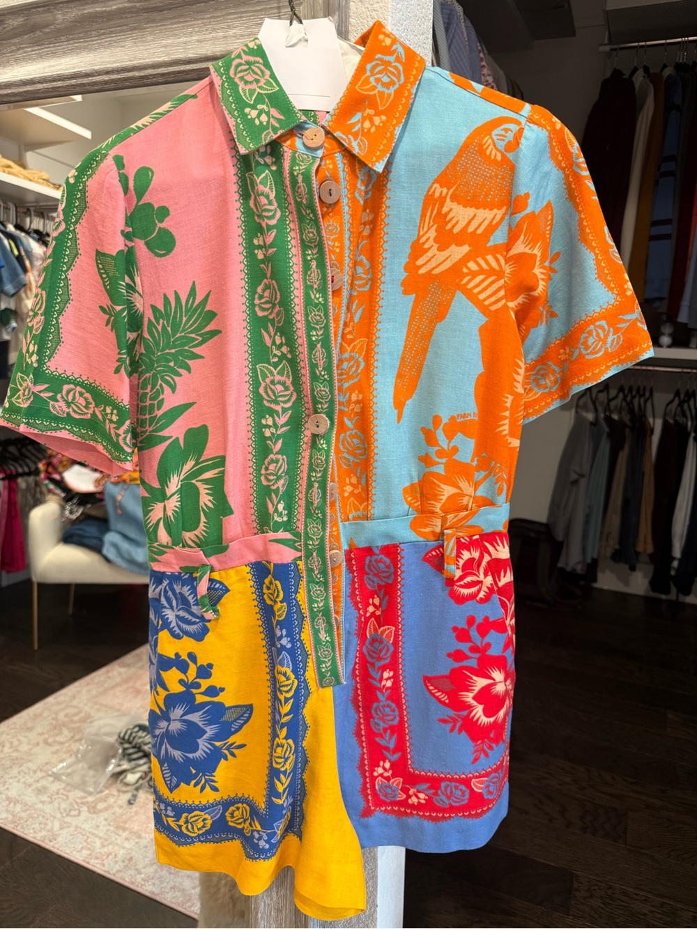 Farm Rio - Patchwork Floral & Parrot Short-Sleeve Shirt - Multi